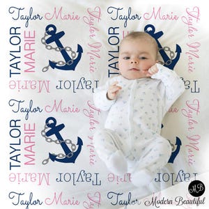 Nautical Baby Name blanket for Baby Girl, personalized baby gift, anchor blanket, girl baby blanket, personalized blanket , navy and pink
