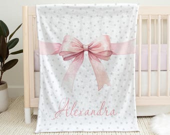 Personalized Baby Girl Bow Blanket, Coquette Custom Name Swaddle Girls Blanket, Pink Bow Baby Gift Name Blanket