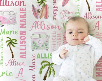Surfer baby name blanket, personalized girls pink surfboard blanket, newborn beach palm tress baby shower gift, pink and white