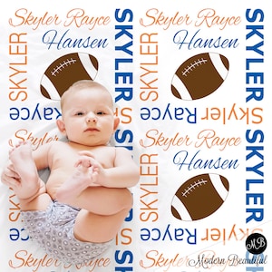 Football baby blanket, boy or girl football sports name blanket, team color personalized football swaddle blanket, football baby gift