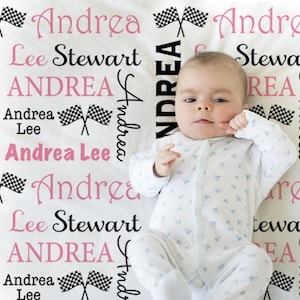Personalized racing baby blanket, checkered race flags blanket with name, drag racing baby newborn gift, newborn racec swaddle CHOOSE COLOR
