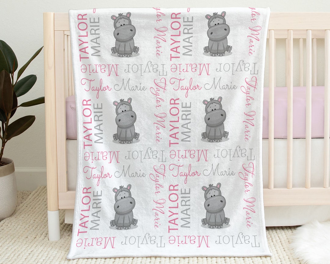 Hippo Baby Blanket Pink Name Blanket With Hippos Baby Girl Etsy