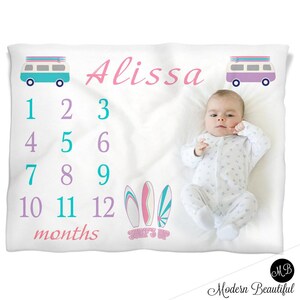 Surfboard milestone baby blanket- surfing baby gift- beach baby blanket- monthly milestone baby blanket- baby growth blanket- (ANY COLOR)