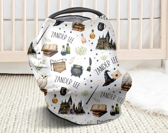 Magic wizard baby car seat cover, newborn carrier cover with name, personalized boys wizard school theme gift