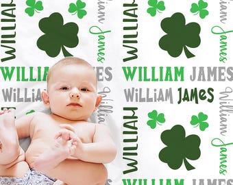 Personalized Shamrock Baby Blanket, St. Patrick's Day Clover Swaddle, Custom Name Gift