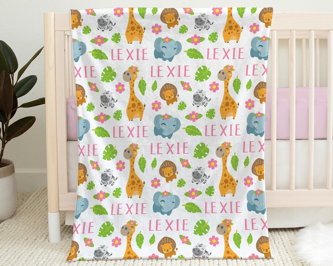 Safari Animals Baby Girls Blanket, Personalized Swaddle Blanket With