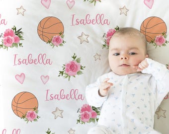Personalized Pink Basketball Floral Baby Blanket, Custom Name Swaddle Gift