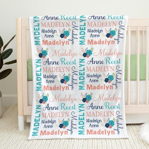 Girl flower baby blanket, personalized newborn blanket with name, floral coral and aqua baby girl gift, chic flowers swaddle blanket