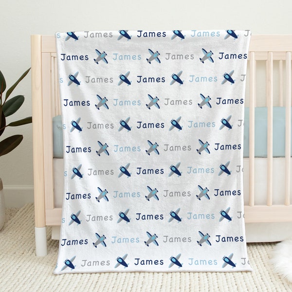 Personalized airplane baby blanket, newborn airplanes swaddle blanket with name, boys airplane pilot aviation baby gift, (CHOOSE COLORS)