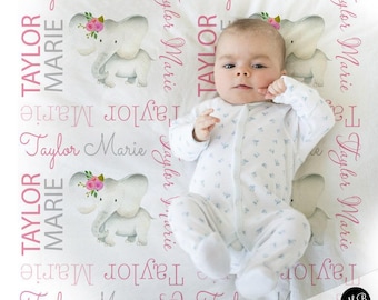 Personalized Elephant Baby Blanket, Pink Custom Name Gift, Choose Colors