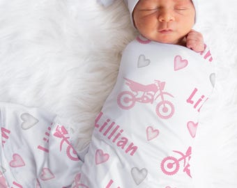 Personalized Girl Motocross Baby Swaddle Blanket: Dirt Bike Motorcycle Newborn Gift Pink