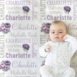Personalized baby girl blanket custom purple peony newborn girl name blanket peony baby gift purple flower swaddle newborn baby shower gift