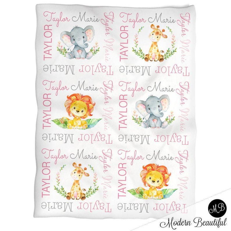 Personalized Safari Baby Name Blanket, Lion Elephant Giraffe Swaddle - Etsy