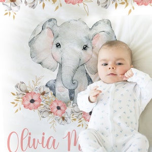 Elephant baby girl blanket, personalized watercolor elephant flower blanket with name, floral newborn baby swaddle, pink elephant baby gift image 2