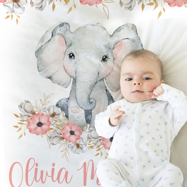 Elephant baby girl blanket, personalized watercolor elephant flower blanket with name, floral newborn baby swaddle, pink elephant baby gift image 2