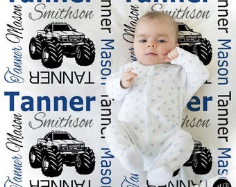 Personalized Monster Truck Baby Blanket: Custom Boy Name Swaddle
