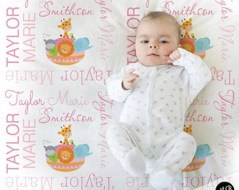 Pink noah's ark baby blanket, personalized noah's ark gift, noah's ark blanket, girl baby blanket, personalized blanket, choose color