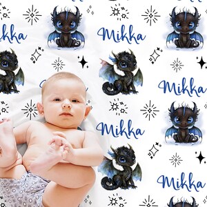 Dragon baby blanket in blue, newborn personalized dragons name blanket, boys dragon baby gift, baby boys dragon theme swaddle
