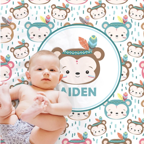 Couverture bébé singe bohème, couverture personnalisée avec nom de