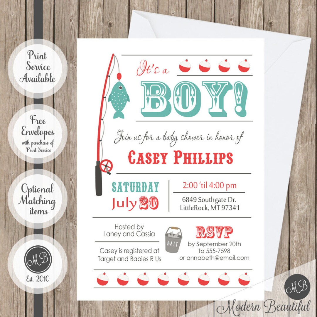 Boy Fishing Baby Shower Invitation, Fishing Pole Invite, Fish It's