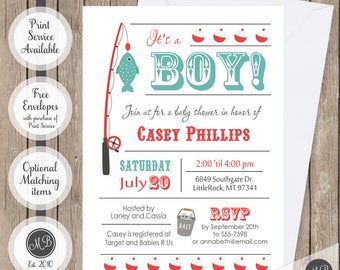 Boy fishing baby shower invitation, fishing pole invite, fish it's a boy invite party cards, fishing theme boys baby shower invitations