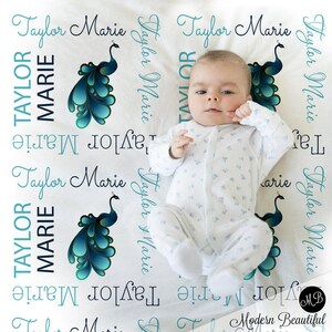 Personalized peacock baby blanket girl custom name blanket with peacocks baby girl peacock gift