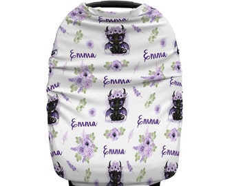Dragon personalized car seat canopy cover, purple flowers dragon infant seat cover, baby name carseat cover, dragon baby gift with name