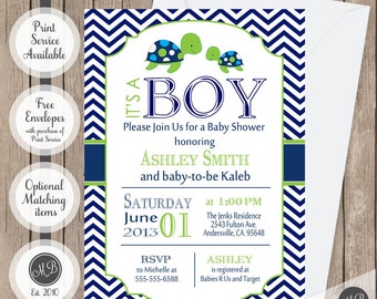 Sea turtles baby shower invitations, chevron ocean turtle invite, navy and lime green it's a boy invitations cards, sea turtle party invites