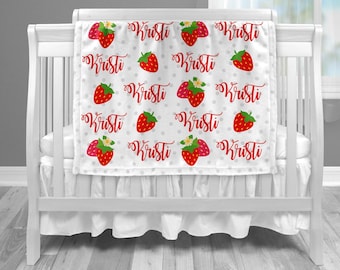 Personalized Strawberry Baby Blanket, Soft Fleece, Spring Gift