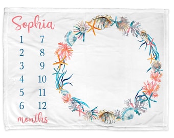 Ocean monthly milestone blanket baby growth blanket sea shore baby blanket, ocean baby gift, monthly milestone photo blanket gift for girl