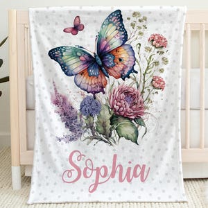 Butterfly baby girl blanket, flower butterfly newborn swaddle blanket with name, floral baby girl gift, personalized baby butterfly blanket