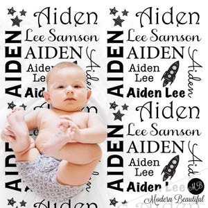 Space rocket baby blanket, space rocket personalized swaddle blanket, baby boy space blanket with name, baby space rocket gift, black white