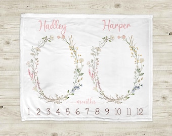 Wildflowers Twins monthly milestone blanket, newborn twins personalized monthly growth blanket with name and beautiful wildflowers