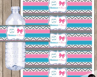 Baseballs or Bows water bottle labels, printable gender reveal drink labels, instant download digital gender reveal baby shower, boy or girl