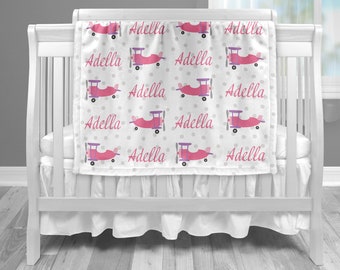 Pink airplane baby name blanket, girl aviation blanket, personalized baby gift, blanket, baby blanket, personalized blanket, choose colors