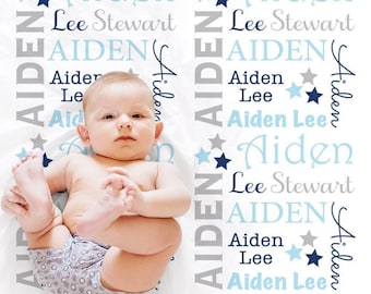 Manta de bebé niño con estrellas, manta de arrullo personalizada con estrellas azules y grises, manta para recién nacidos con estrellas para niños o niñas, elige colores.