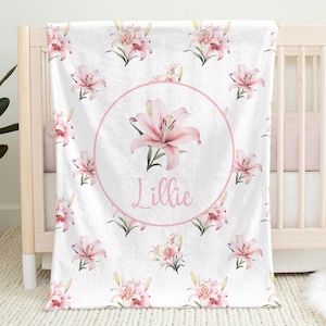 Lily personalized girls blanket, newborn baby name blanket with lily flowers, spring baby girl name swaddle, floral lillies baby gift