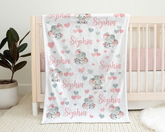 Elephant Baby Blanket Hearts Elephant Personalized Name Blanket Newborn Baby Swaddle Blanket Watercolor Elephant Baby Gift Pink and Gray Etsy Canada