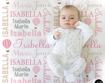 Hot air balloon personalized baby name blanket, hot air balloon swaddle, newborn baby girl or boy blanket (CHOOSE COLORS)