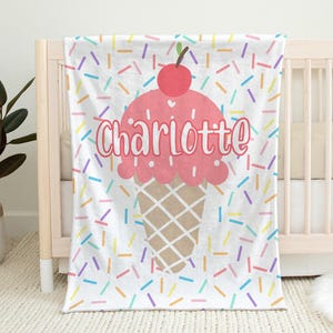 Personalized ice cream baby blanket summer baby girl name blanket, pink ice cream scoop with sprinkles, ice cream gift (CHOOSE COLORS)