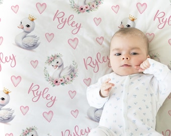 Pink princess swan baby blanket with name, flower girls newborn swaddle blanket, personalized swan theme baby gift