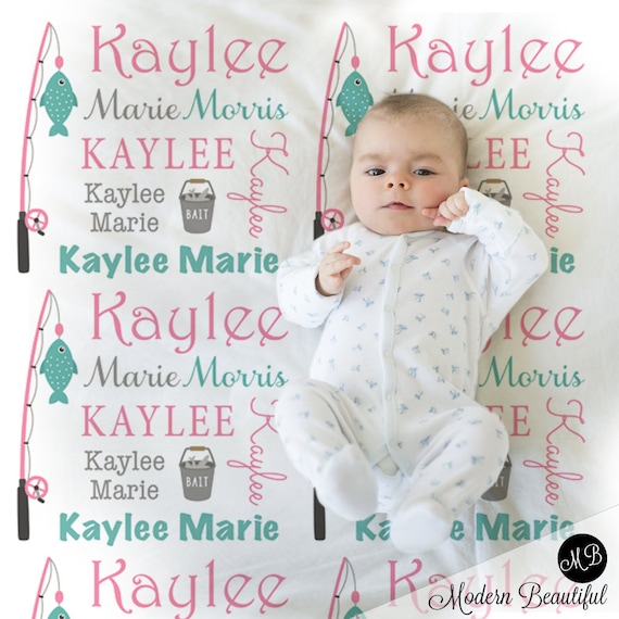 Baby girl fishing baby blanket, personalized fishing swaddle blanket