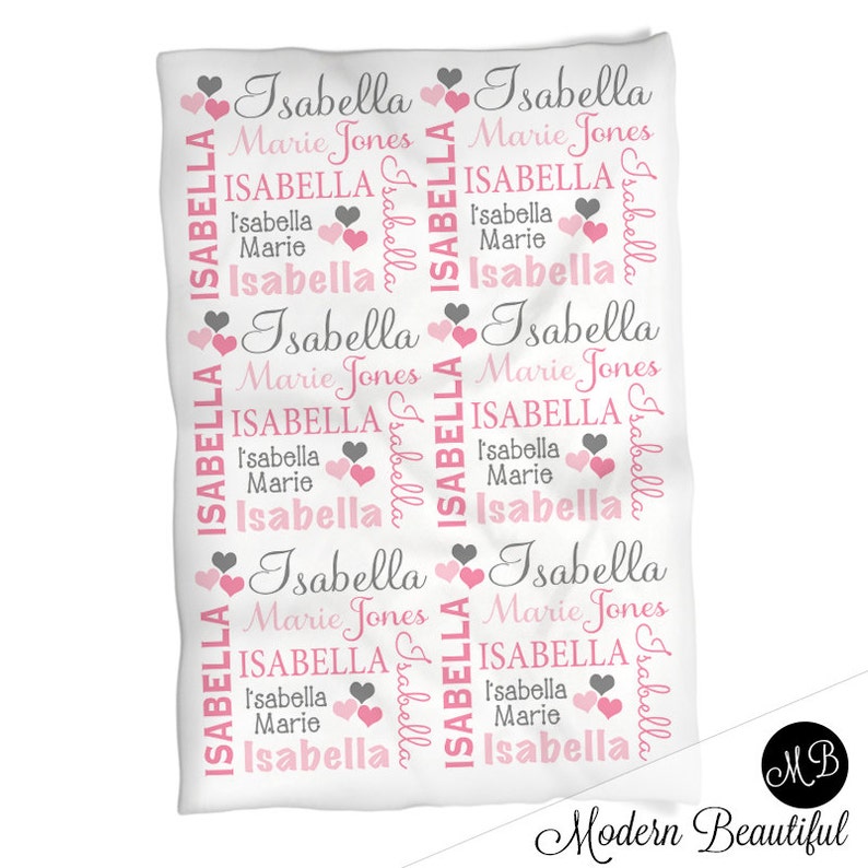 Hearts Name Blanket in pink and gray for Baby Girl, personalized baby gift, blanket, baby blanket, personalized blanket, choose colors image 2