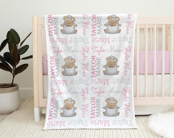 Lamb baby blanket personalized girl lamb gift sheep name blanket sheep swaddle blanket farm baby gift - choose color