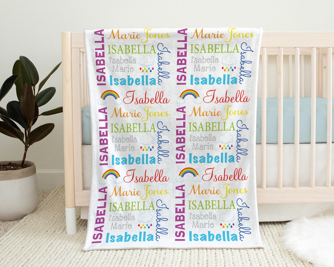 Rainbow Baby Blanket, Personalized Rainbow Clouds Blanket With Name