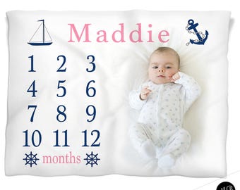 Nautical milestone baby blanket, personalized baby gift, girl baby blanket, monthly milestone baby blanket, baby growth blanket, any color