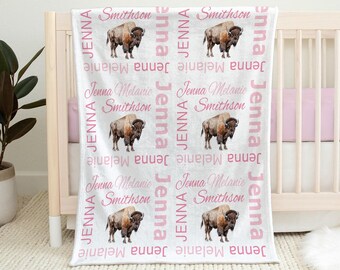 Personalized Girl Buffalo Baby Blanket: Pink Bison Baby Swaddle