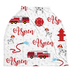 Red firetruck car seat canopy cover, boy custom infant car seat cover, fireman personalized baby name carseat cover, nursing privacy cover image 2