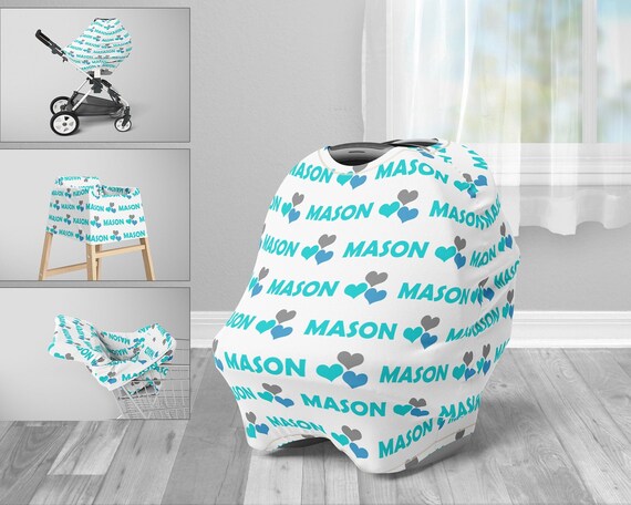Infant Carrier Cover Personalized Boy Blue Hearts Canopy Cover Boy Infant Car Seat Cover Baby Name Carseat Cover nursing Privacy Cover Etsy
