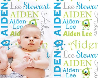 Personalized monster baby blanket custom monster gift for baby with name boy or girl little monster swaddle blanket cute monster baby gift